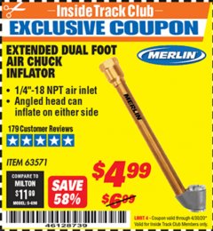 Harbor Freight ITC Coupon EXTENDED DUAL FOOT AIR CHUCK INFLATOR Lot No. 63571 Expired: 4/30/20 - $4.99