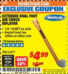 Harbor Freight ITC Coupon MERLIN EXTENDED DUAL FOOT AIR CHUCK INFLATOR Lot No. 63571 Expired: 4/30/20 - $4.99
