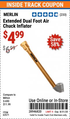 Harbor Freight ITC Coupon MERLIN EXTENDED DUAL FOOT AIR CHUCK INFLATOR Lot No. 63571 Expired: 8/31/20 - $4.99