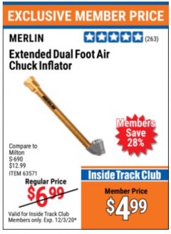 Harbor Freight ITC Coupon MERLIN EXTENDED DUAL FOOT AIR CHUCK INFLATOR Lot No. 63571 Expired: 12/3/20 - $4.99