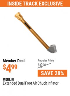 Harbor Freight Coupon MERLIN EXTENDED DUAL FOOT AIR CHUCK INFLATOR Lot No. 63571 Expired: 7/1/21 - $4.99