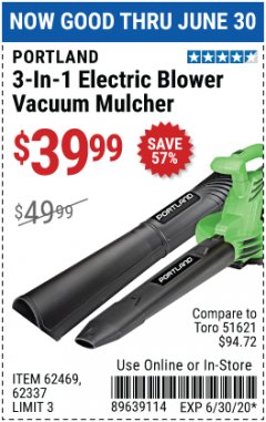 Harbor Freight Coupon 3-IN-1 ELECTRIC BLOWER VACUUM MULCHER Lot No. 62469 Expired: 6/30/20 - $39.99