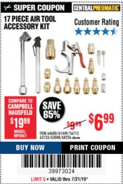 Harbor Freight Coupon 17 PIECE AIR TOOL ACCESSORY KIT Lot No. 64600/63133/61449/63048/68236 Expired: 7/21/19 - $6.99