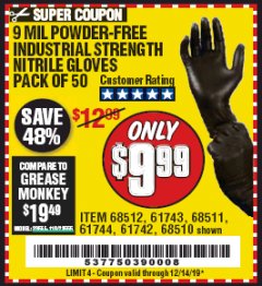 Harbor Freight Coupon HARDY 9 MIL NITRILE POWDER-FREE GLOVES, XX-LARGE, 50-PACK Lot No. 57159/68510/68511/68512 Expired: 12/14/19 - $9.99
