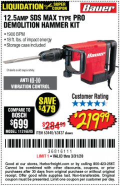Harbor Freight Coupon 12.5 AMP SDS MAX. TYPE PRO DEMOLITION HAMMER KIT Lot No. 63437 Expired: 3/31/20 - $219.99