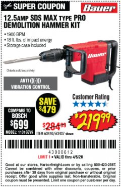 Harbor Freight Coupon 12.5 AMP SDS MAX. TYPE PRO DEMOLITION HAMMER KIT Lot No. 63437 Expired: 6/30/20 - $219.99