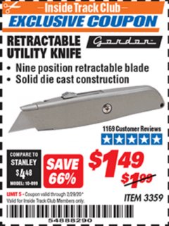 Harbor Freight ITC Coupon RETRACTABLE UTILITY KNIFE Lot No. 57107 Expired: 2/29/20 - $1.49