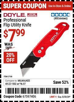 Harbor Freight Coupon DOYLE PROFESSIONAL FLIP UTILITY KNIFE Lot No. 57108 Valid Thru: 8/30/26 - $7.99