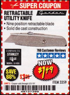 Harbor Freight Coupon RETRACTABLE UTILITY KNIFE Lot No. 57107 Expired: 8/31/19 - $1.49