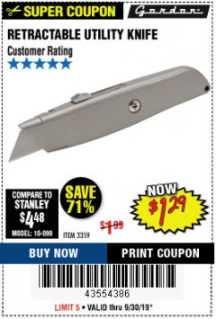 Harbor Freight Coupon DOYLE PROFESSIONAL FLIP UTILITY KNIFE Lot No. 57108 Expired: 9/30/19 - $1.29