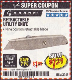 Harbor Freight Coupon RETRACTABLE UTILITY KNIFE Lot No. 57107 Expired: 10/31/19 - $1.29