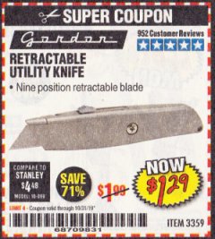 Harbor Freight Coupon DOYLE PROFESSIONAL FLIP UTILITY KNIFE Lot No. 57108 Expired: 10/31/19 - $1.29