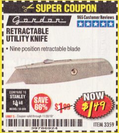 Harbor Freight Coupon RETRACTABLE UTILITY KNIFE Lot No. 57107 Expired: 11/30/19 - $1.49