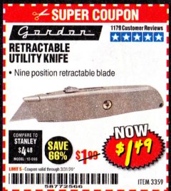 Harbor Freight Coupon RETRACTABLE UTILITY KNIFE Lot No. 57107 Expired: 3/31/20 - $1.49