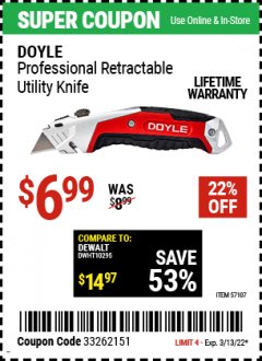 Harbor Freight Coupon RETRACTABLE UTILITY KNIFE Lot No. 57107 Expired: 3/13/22 - $6.99