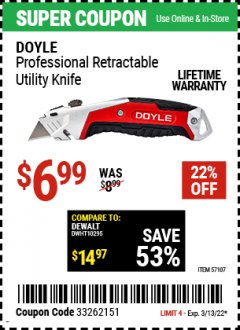 Harbor Freight Coupon DOYLE PROFESSIONAL FLIP UTILITY KNIFE Lot No. 57108 Expired: 3/13/22 - $6.99