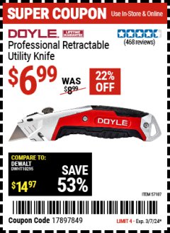 Harbor Freight Coupon DOYLE PROFESSIONAL FLIP UTILITY KNIFE Lot No. 57108 Expired: 3/7/24 - $6.99