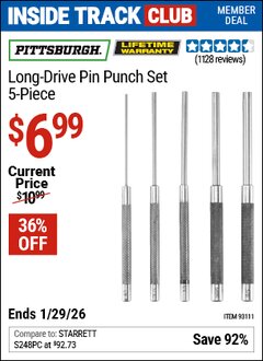 Harbor Freight ITC Coupon PITTSBURGH LONG DRIVE PIN PUNCH SET, 5 PIECE Lot No. 93111 Valid Thru: 1/29/26 - $6.99