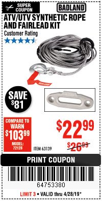 Harbor Freight Coupon ATV/UTV SYNTHETIC ROPE AND FAIRLEAD KIT 63139 Lot No. 63139 Expired: 4/28/19 - $22.99