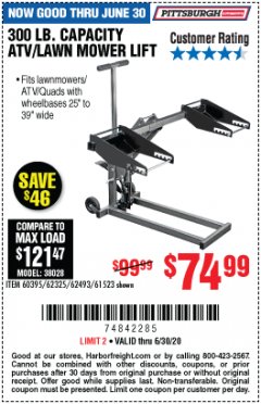 Harbor Freight Coupon ATV/LAWN MOWER LIFT Lot No. 60395/62325/62493/61523 Expired: 6/30/20 - $74.99