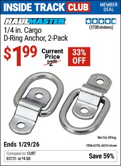 Harbor Freight ITC Coupon HAUL-MASTER 1/4 IN. CARGO D-RING ANCHOR, 2-PACK Lot No. 60319/62756 Valid Thru: 1/29/26 - $1.99