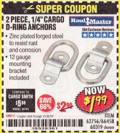Harbor Freight Coupon 2 PIECE, 1/4" CARGO D-RING ANCHORS Lot No. 62756/66458/60319 Expired: 11/30/19 - $1.99