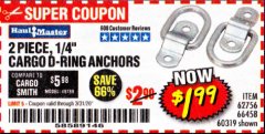 Harbor Freight Coupon HAUL-MASTER 1/4 IN. CARGO D-RING ANCHOR, 2-PACK Lot No. 60319/62756 Expired: 3/31/20 - $1.99