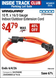 Harbor Freight Coupon VANGUARD 10 FT. X 16/3 GAUGE INDOOR/OUTDOOR EXTENSION CORD, ORANGE Lot No. 62935/62936 Valid: 12/31/69 - 6/4/26 - $4.79