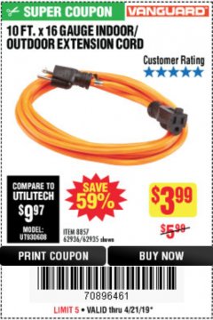 Harbor Freight Coupon 10FT.X16 GAUGE INDOOR/OUTDOOR EXTENSION CORD Lot No. 8857/62936/62935 Expired: 4/21/19 - $3.99