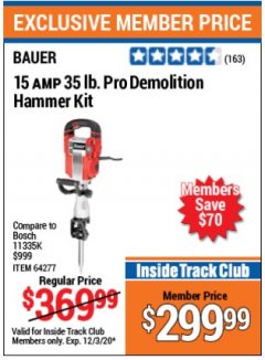 Harbor Freight ITC Coupon BAUER 15 AMP, 35 LB., 1-1/8 IN. HEX LOWER-WALL BREAKER HAMMER Lot No. 64277/64276 Expired: 12/3/20 - $299.99