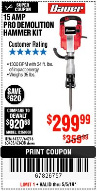 Harbor Freight Coupon BAUER 15 AMP, 35 LB., 1-1/8 IN. HEX LOWER-WALL BREAKER HAMMER Lot No. 64277/64276 Expired: 5/5/19 - $299.99