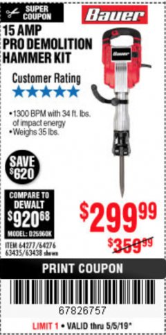 Harbor Freight Coupon BAUER 15 AMP, 35 LB., 1-1/8 IN. HEX LOWER-WALL BREAKER HAMMER Lot No. 64277/64276 Expired: 5/5/19 - $299.99