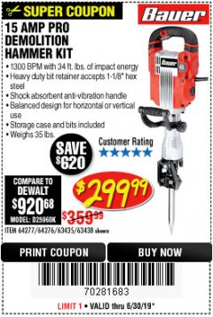 Harbor Freight Coupon BAUER 15 AMP, 35 LB., 1-1/8 IN. HEX LOWER-WALL BREAKER HAMMER Lot No. 64277/64276 Expired: 6/30/19 - $299.99