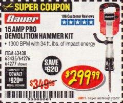 Harbor Freight Coupon BAUER 15 AMP, 35 LB., 1-1/8 IN. HEX LOWER-WALL BREAKER HAMMER Lot No. 64277/64276 Expired: 6/30/19 - $299.99