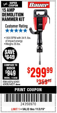 Harbor Freight Coupon BAUER 15 AMP, 35 LB., 1-1/8 IN. HEX LOWER-WALL BREAKER HAMMER Lot No. 64277/64276 Expired: 11/3/19 - $299.99