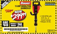 Harbor Freight Coupon BAUER 15AMP PRO DEMOLITION HAMMER KIT Lot No. 64277/64276/6403435/63438 Expired: 2/8/20 - $299.99