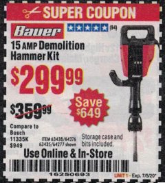 Harbor Freight Coupon BAUER 15 AMP, 35 LB., 1-1/8 IN. HEX LOWER-WALL BREAKER HAMMER Lot No. 64277/64276 Expired: 7/5/20 - $299.99