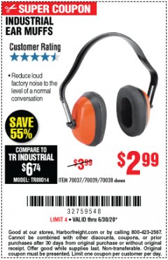 Harbor Freight Coupon WESTERN SAFETY EAR MUFFS Lot No. 70038/70037 Expired: 6/30/20 - $2.99