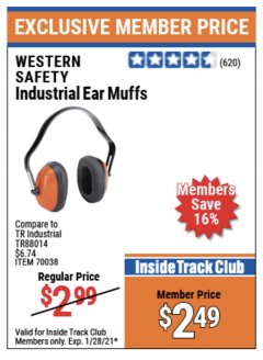 Harbor Freight ITC Coupon WESTERN SAFETY EAR MUFFS Lot No. 70038/70037 Expired: 1/28/21 - $2.49