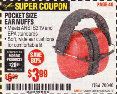 Harbor Freight Coupon POCKET SIZE EAR MUFFS Lot No. 70040 Expired: 6/30/19 - $3.99