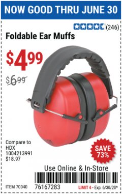 Harbor Freight Coupon POCKET SIZE EAR MUFFS Lot No. 70040 Expired: 6/30/20 - $4.99
