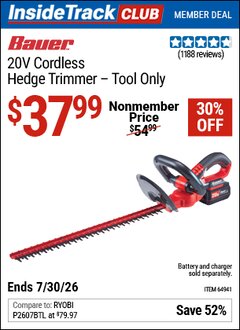 Harbor Freight ITC Coupon BAUER 20V CORDLESS HEDGE TRIMMER &ndash; TOOL ONLY Lot No. 64941 Valid Thru: 7/30/26 - $37.99