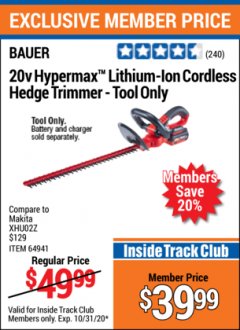 Harbor Freight ITC Coupon BAUER 20 VOLT LITHIUM CORDLESS 20" HEDGE TRIMMER Lot No. 64941 Expired: 10/31/20 - $39.99