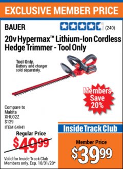 Harbor Freight ITC Coupon BAUER 20V CORDLESS HEDGE TRIMMER – TOOL ONLY Lot No. 64941 Expired: 10/31/20 - $39.99