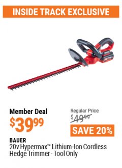 Harbor Freight ITC Coupon BAUER 20 VOLT LITHIUM CORDLESS 20" HEDGE TRIMMER Lot No. 64941 Expired: 4/29/21 - $39.99