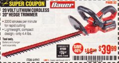 Harbor Freight Coupon BAUER 20 VOLT LITHIUM CORDLESS 20" HEDGE TRIMMER Lot No. 64941 Expired: 6/30/19 - $39.99