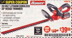 Harbor Freight Coupon BAUER 20V CORDLESS HEDGE TRIMMER – TOOL ONLY Lot No. 64941 Expired: 6/30/19 - $39.99