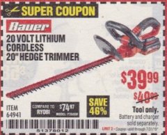 Harbor Freight Coupon BAUER 20V CORDLESS HEDGE TRIMMER – TOOL ONLY Lot No. 64941 Expired: 7/31/19 - $39.99