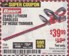 Harbor Freight Coupon BAUER 20 VOLT LITHIUM CORDLESS 20" HEDGE TRIMMER Lot No. 64941 Expired: 7/31/19 - $39.99