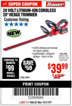 Harbor Freight Coupon BAUER 20 VOLT LITHIUM CORDLESS 20" HEDGE TRIMMER Lot No. 64941 Expired: 12/1/19 - $39.99